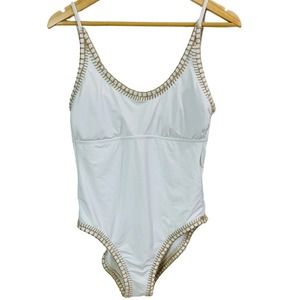 Gianni Bini Size L High Tide Crochet One Piece Swimsuit White Low Back Beach